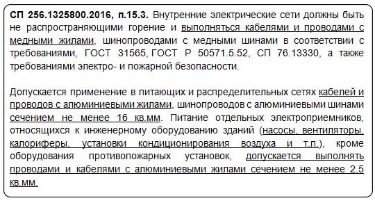 что говорится в своде правил о медной электропроводке в зданиях