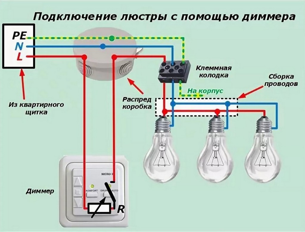 Подключение люстры с помощью диммера (схема)