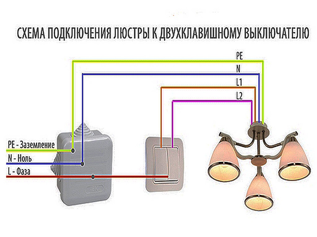 Как подключить люстру к двуклавишному выключателю